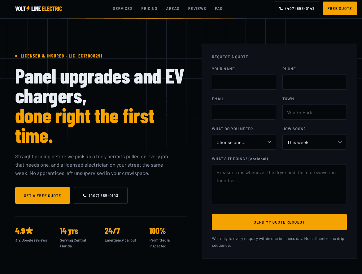 Screenshot of the Voltline Electric website